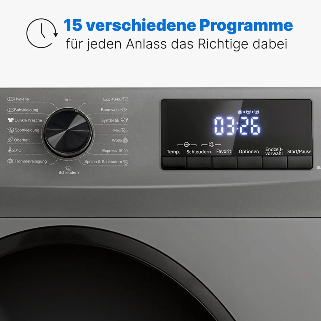 Bomann WA 7185 T Wasmachine 8kg - 15 Programma's - Grijs - afbeelding 6 van 6