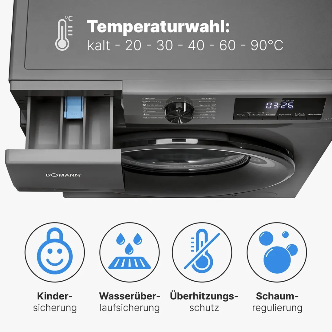 Bomann WA 7185 T Wasmachine 8kg - 15 Programma's - Grijs