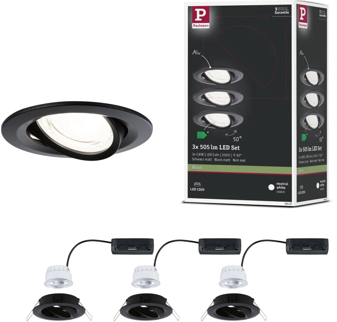 Paulmann Nova Coin LED-inbouwlamp 3x2,8W 505lm 84mm - 4000K - Zwart mat