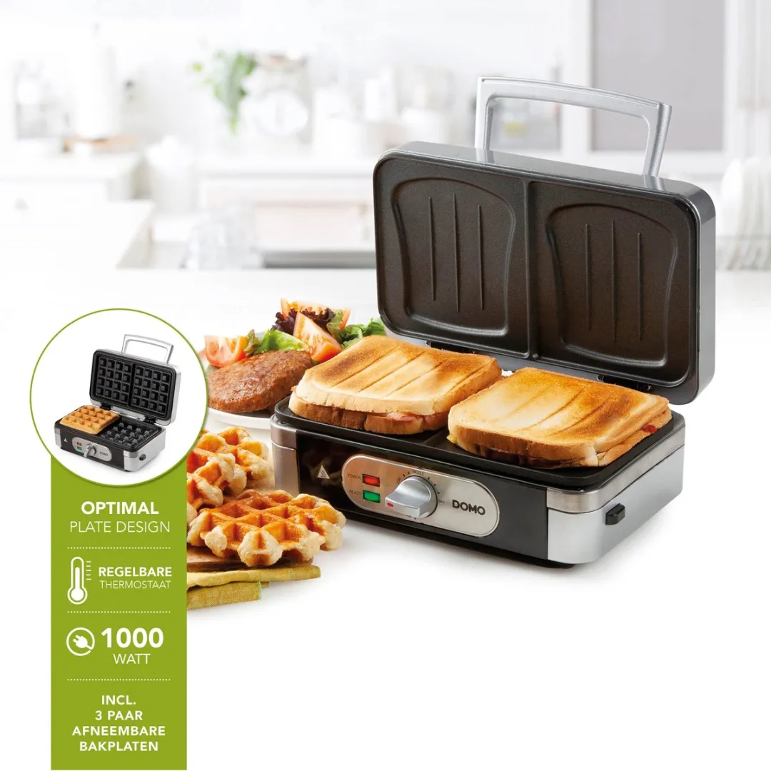 Domo DO9136C Snackmaker 3-in-1 - 1000W - Zilver