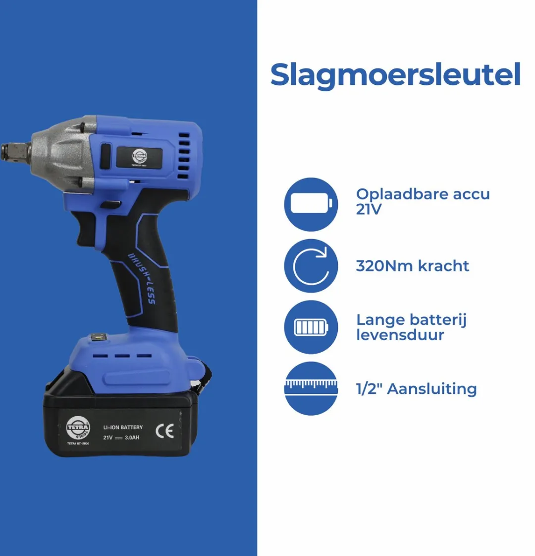 TETRA RT-IW21 Accu slagmoersleutel ½” 21Volt inclusief 3,0 AH li-on batterij en lader 110-220V