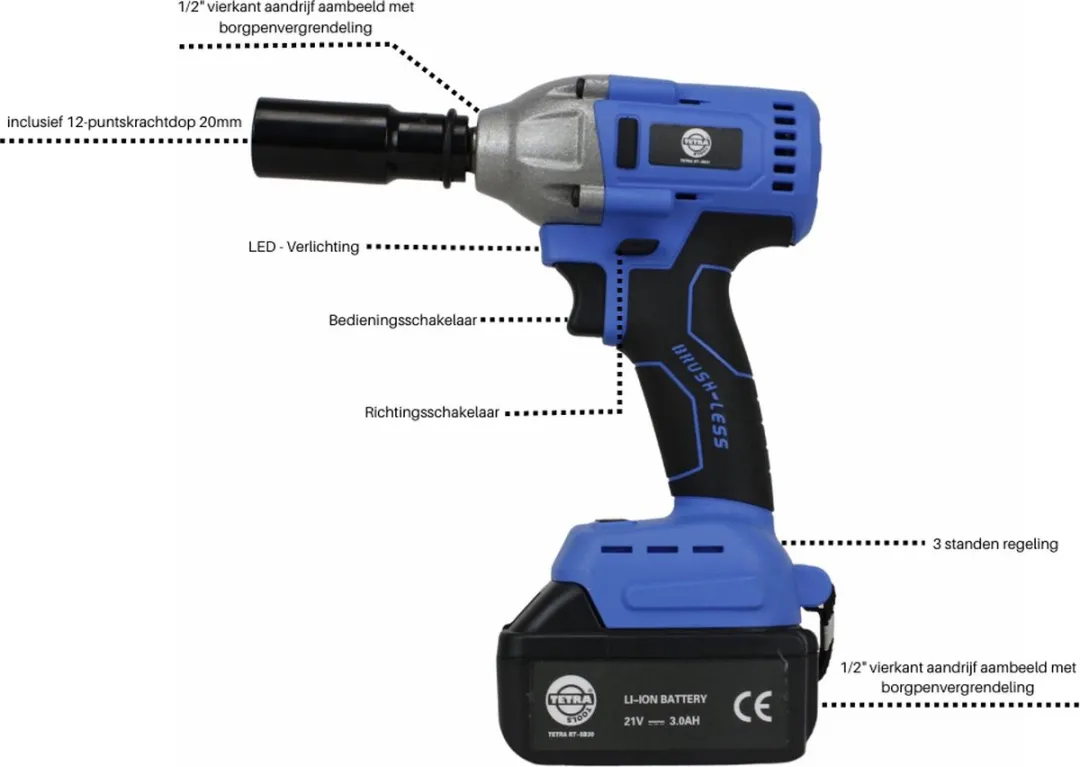 TETRA RT-IW21 Accu slagmoersleutel ½” 21Volt inclusief 3,0 AH li-on batterij en lader 110-220V