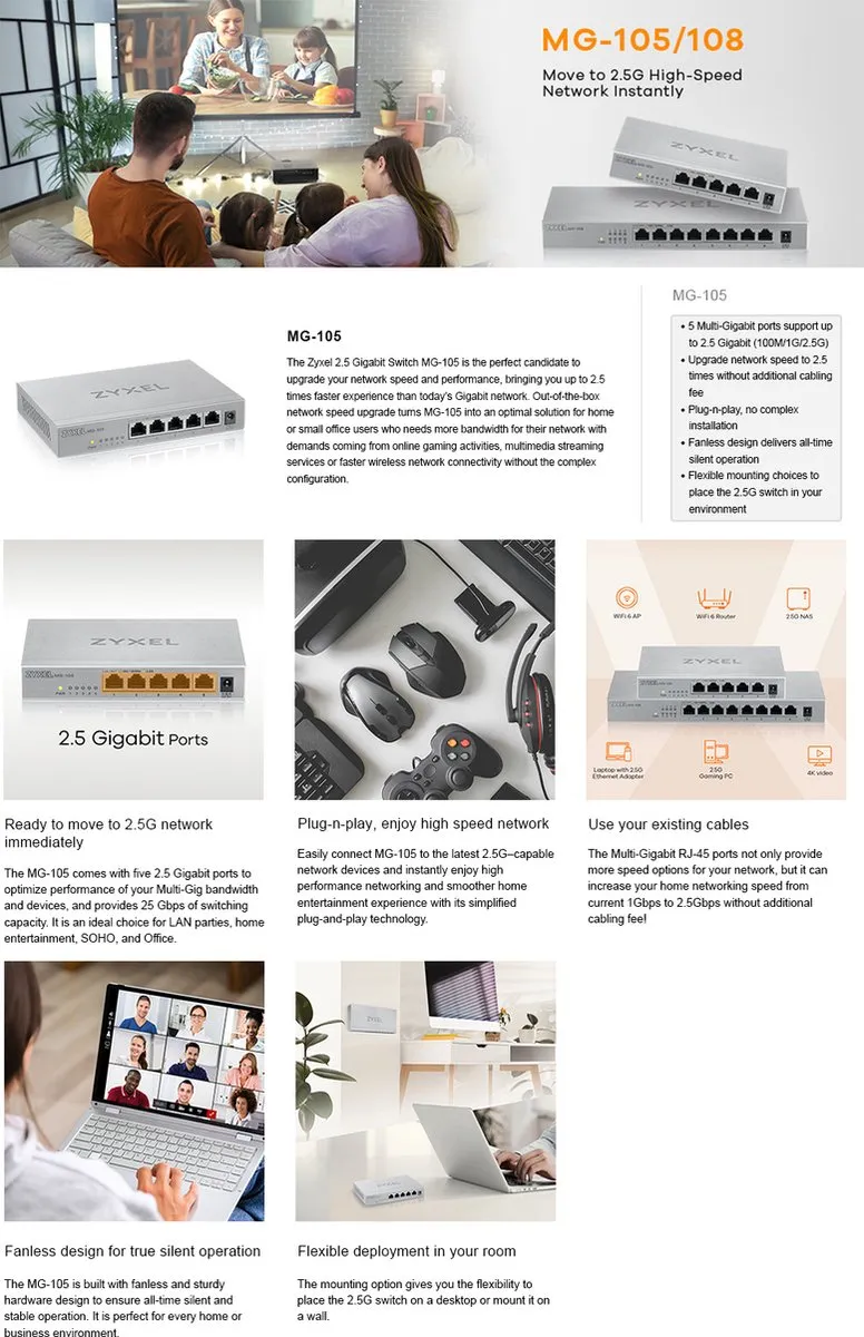 Zyxel MG-105 5-Poort 2.5G Multi-Gigabit Switch - Staal
