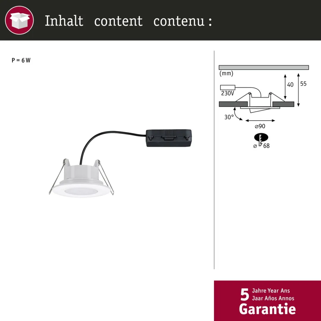 Paulmann LED-inbouwlamp Calla IP65 6W 530lm 4000K - 90mm Wit mat
