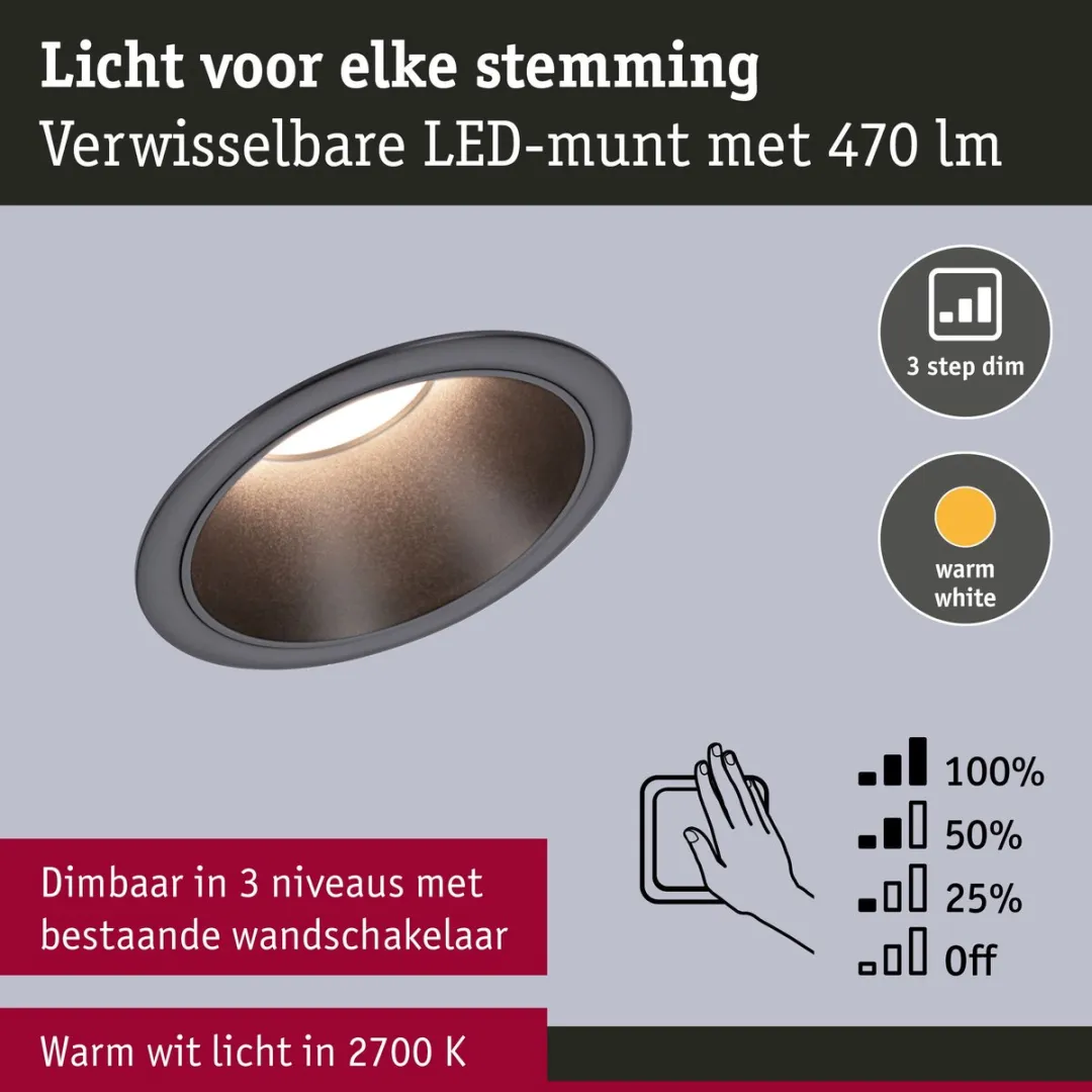 Paulmann LED-inbouwlamp Cole Coin 6W 470lm 2700K - Zwart