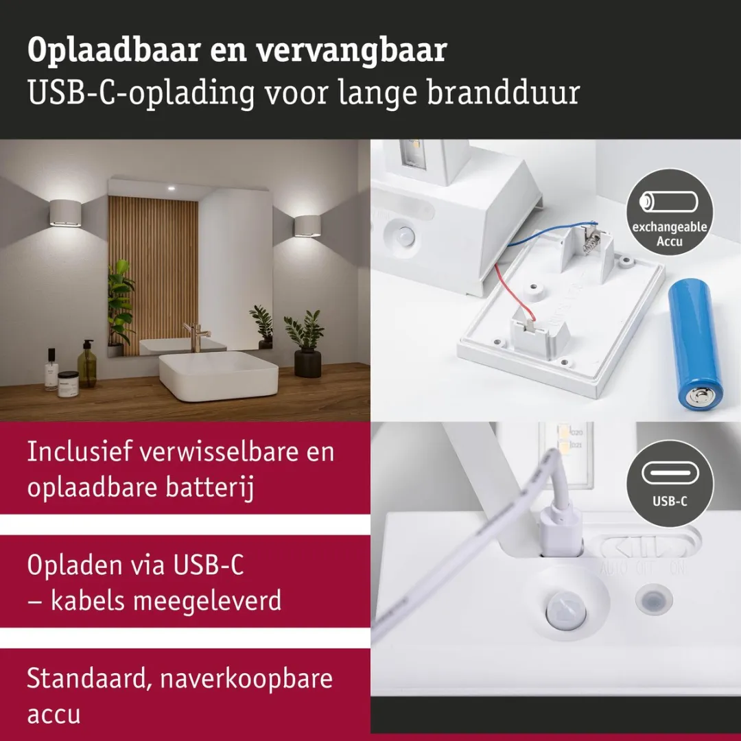 Paulmann Nyora LED Wandlamp Accu IP44 - 2x1W 3000K Wit - afbeelding 6 van 6