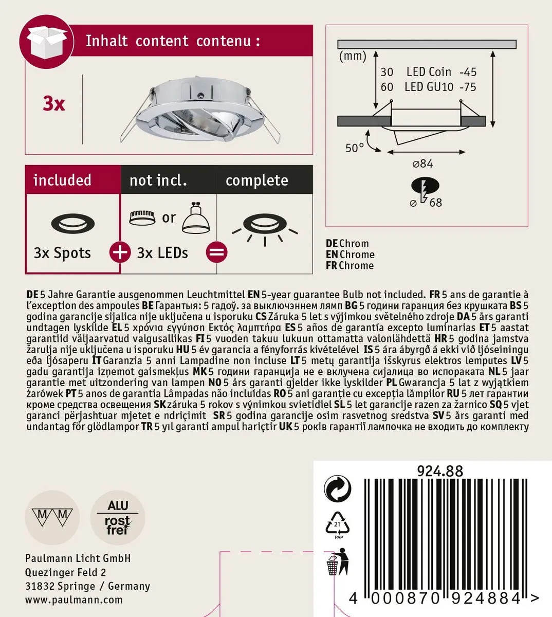 Paulmann Choose Basisset Inbouwlamp 3x10W 84mm - Chroom - afbeelding 6 van 6