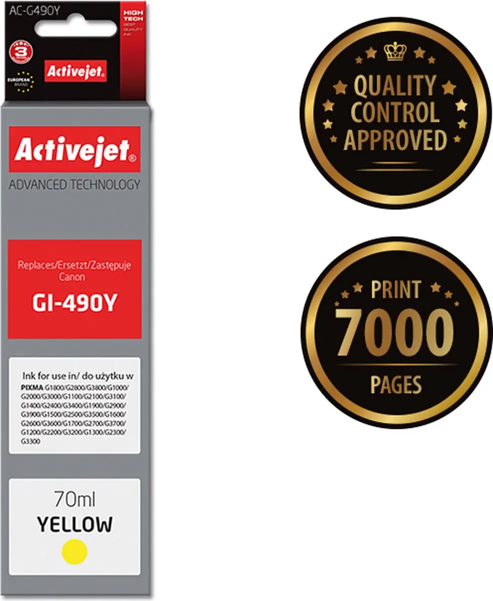 Activejet AC-G490Y inkt geel - 70ml - Canon GI-490Y - afbeelding 2 van 3