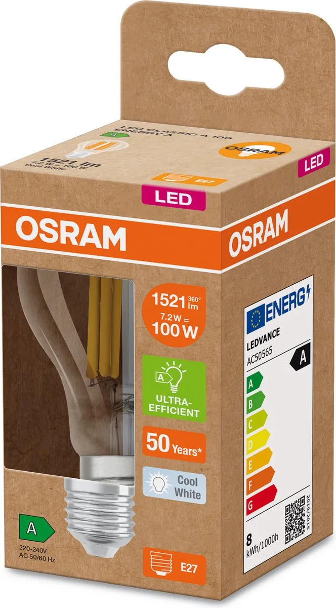 Osram Classic LED E27 Peer Filament 7.2W 1521lm - Koel wit - afbeelding 6 van 6