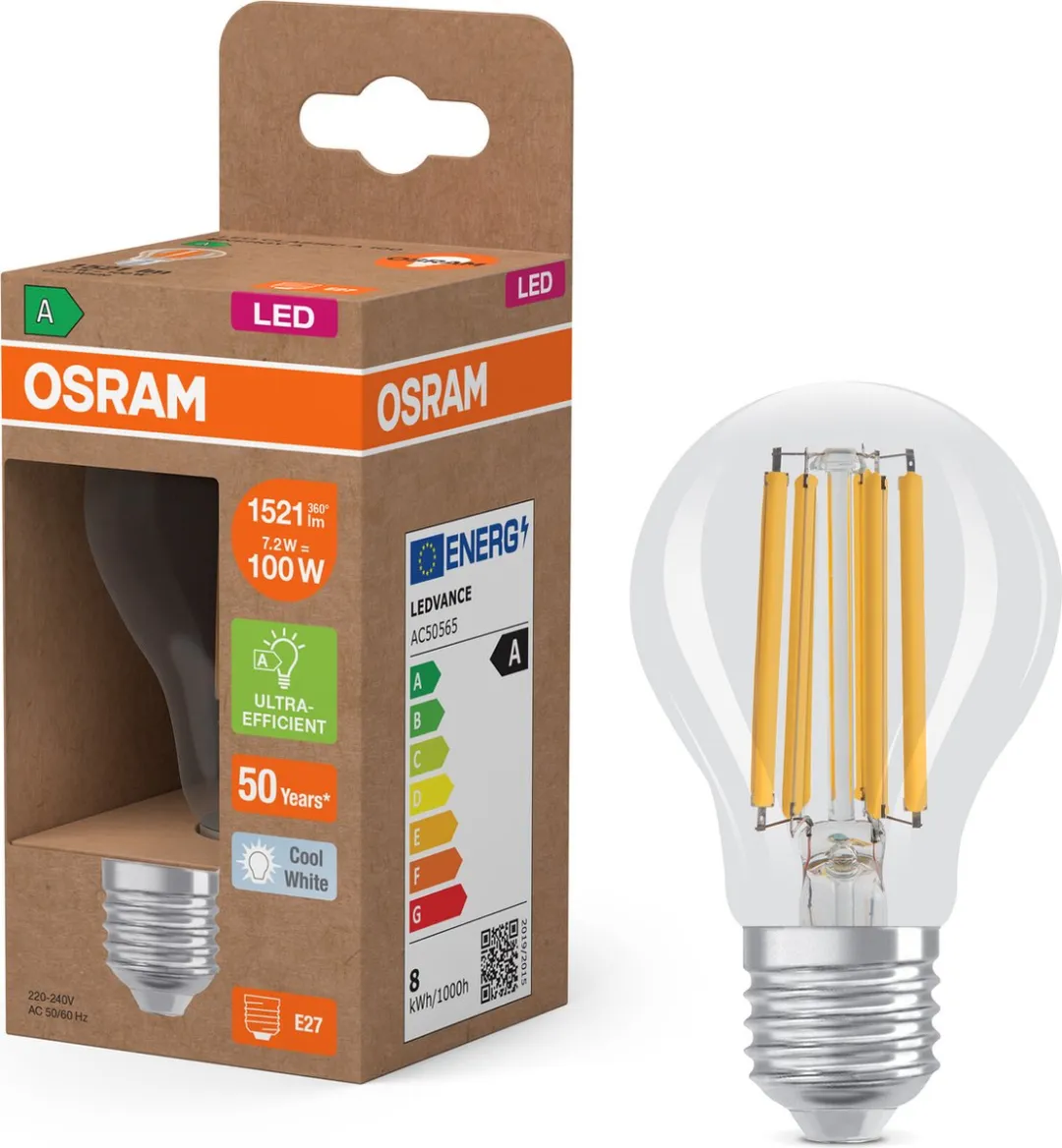 Osram Classic LED E27 Peer Filament 7.2W 1521lm - Koel wit