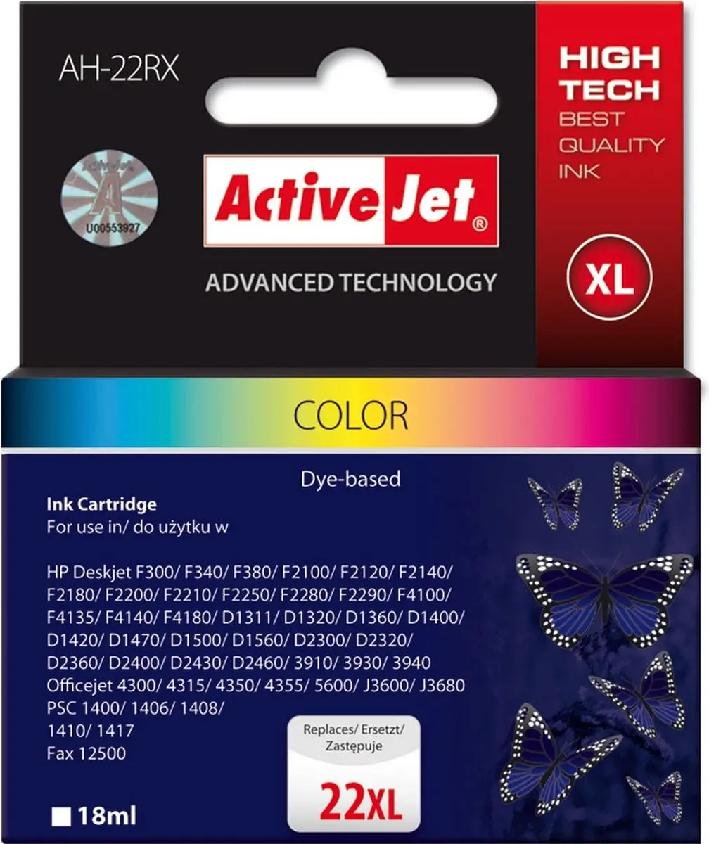 Originele inkt cartridge Activejet AH-22RX Cyaan/Magenta/Geel - afbeelding 6 van 6