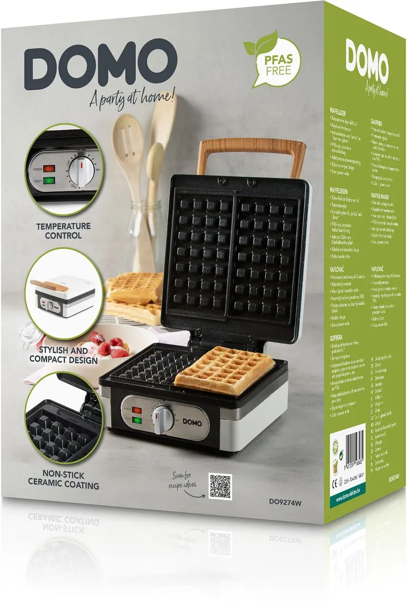 DOMO DO9274W Wafelijzer - XL wafels 4x7 - Belgische Wafels - PFAS-vrij - 1400W - Powder White