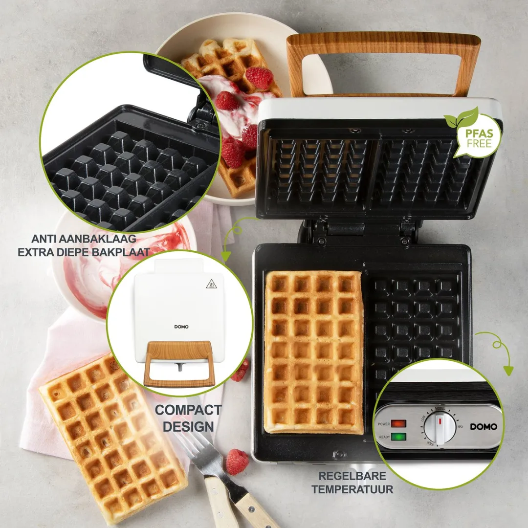 DOMO DO9274W Wafelijzer - XL wafels 4x7 - Belgische Wafels - PFAS-vrij - 1400W - Powder White