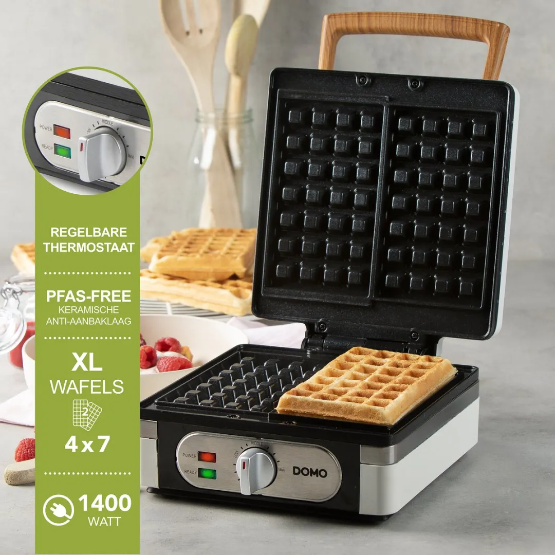 DOMO DO9274W Wafelijzer - XL wafels 4x7 - Belgische Wafels - PFAS-vrij - 1400W - Powder White