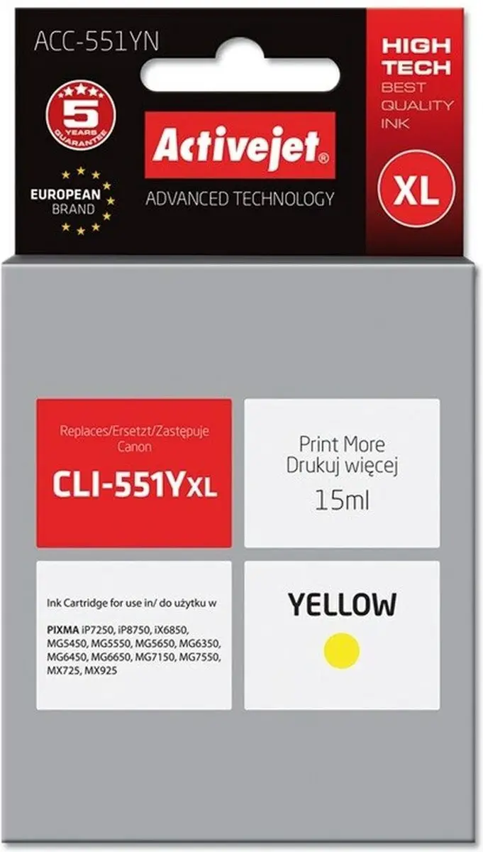 Activejet ACC-551YN Inktcartridge - Geel - o.a. Canon PIXMA - afbeelding 2 van 4