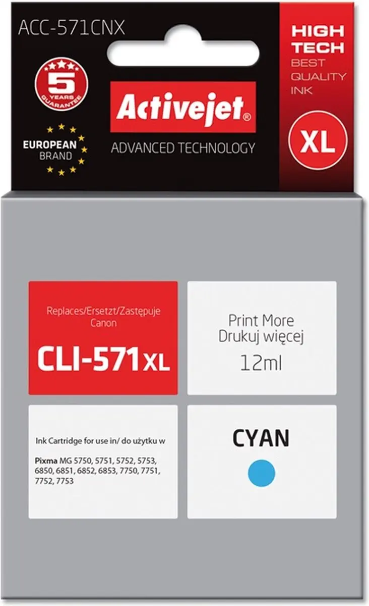 Activejet ACC-571CNX inkt cyaan XL - 12ml - Canon CLI-571C - afbeelding 4 van 6