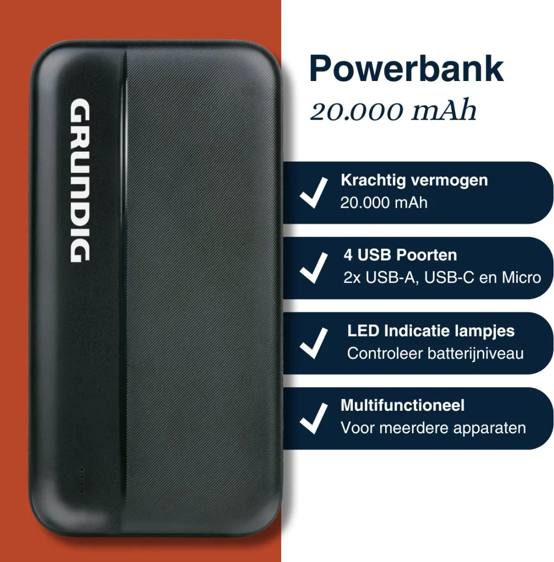 Grundig Powerbank 20000mAh - 25W - 3x USB - Zwart