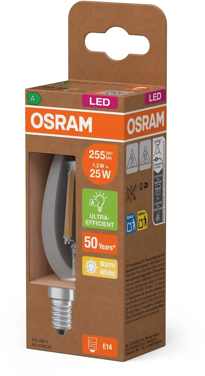 Osram LED Classic E14 Kaarslamp 1.2W 255lm - Zeer Warm Wit - afbeelding 6 van 6