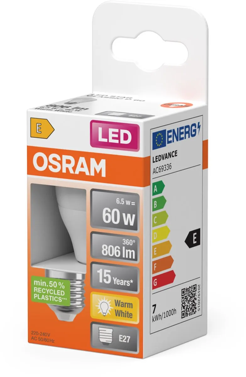 Osram LED Miniball E27 7.5W Warm Wit Mat - 1 Stuk - afbeelding 6 van 6