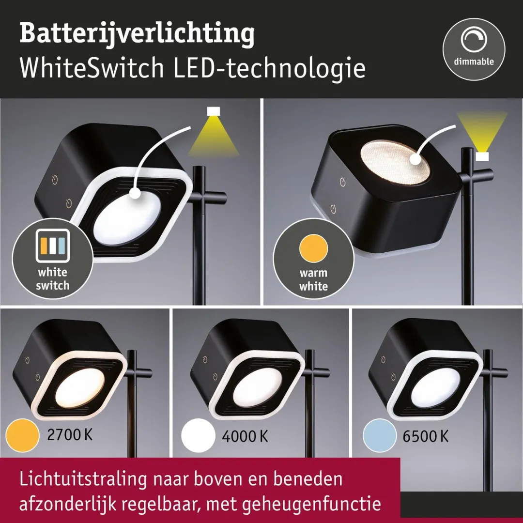 Paulmann Varia White Switch Mobiele Tafellamp - 160lm Warm Wit - Zwart