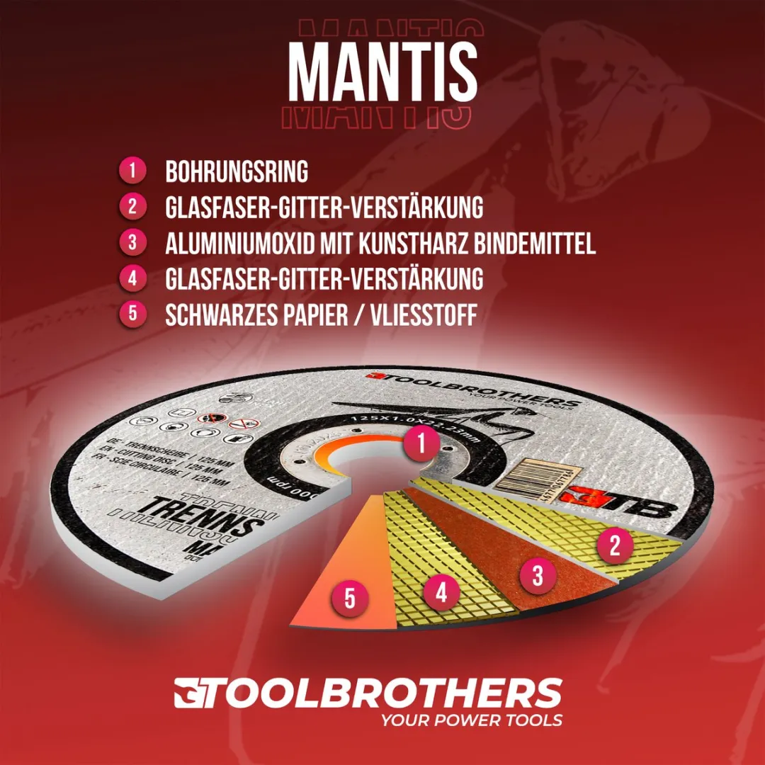 Toolbrothers MANTIS-snijschijvenset in professionele kwaliteit 2 verpakkingen van 50 stuks, 125 x 22,23 x 1 mm voor het bewerken van metaal, staal, roestvrij staal / INOX voor haakse slijpers