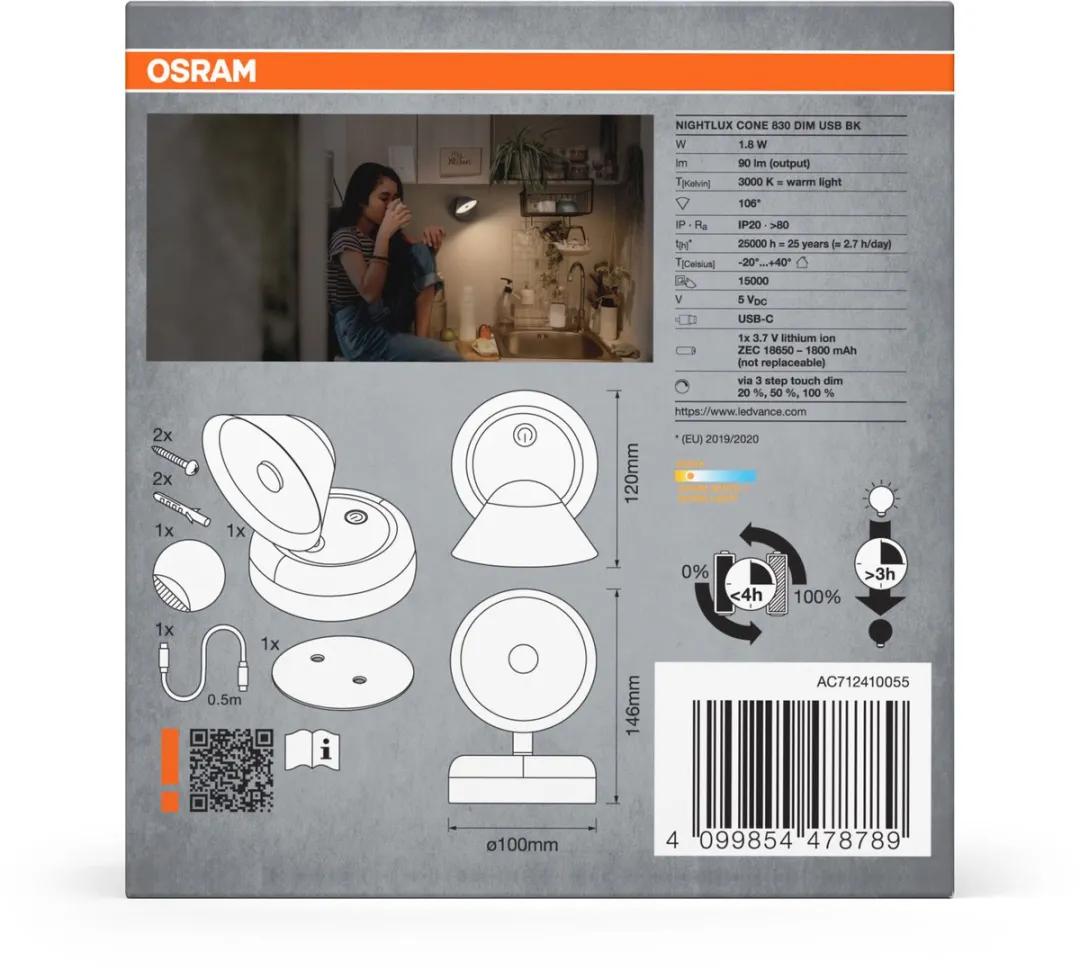 Osram Nightlux LED Cone 830 DIM USB Nachtlamp - Zwart