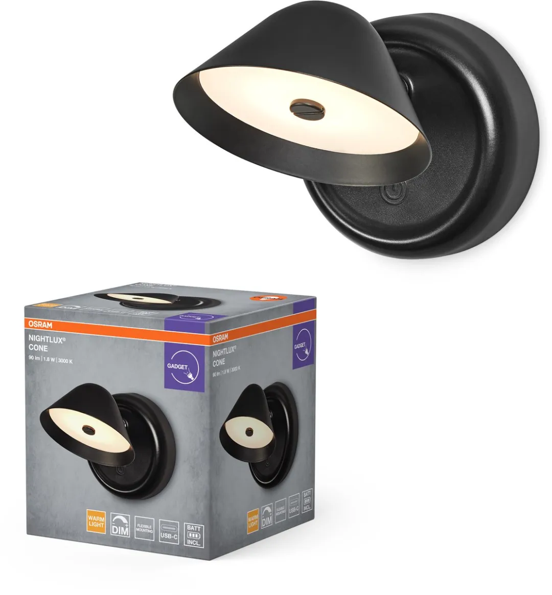Osram Nightlux LED Cone 830 DIM USB Nachtlamp - Zwart