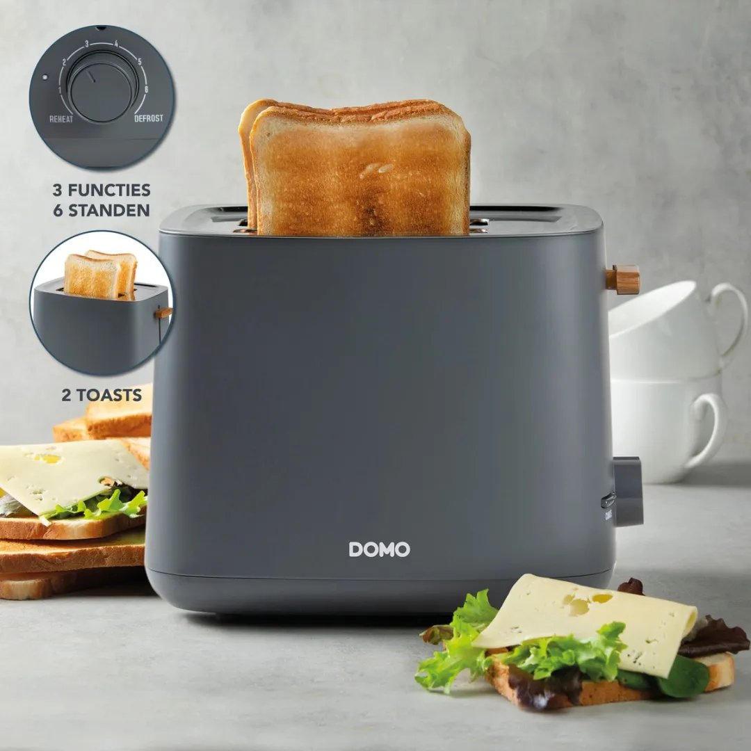 Domo DO965T Broodrooster Wood You - 2 Toasts 1000W - Matgrijs