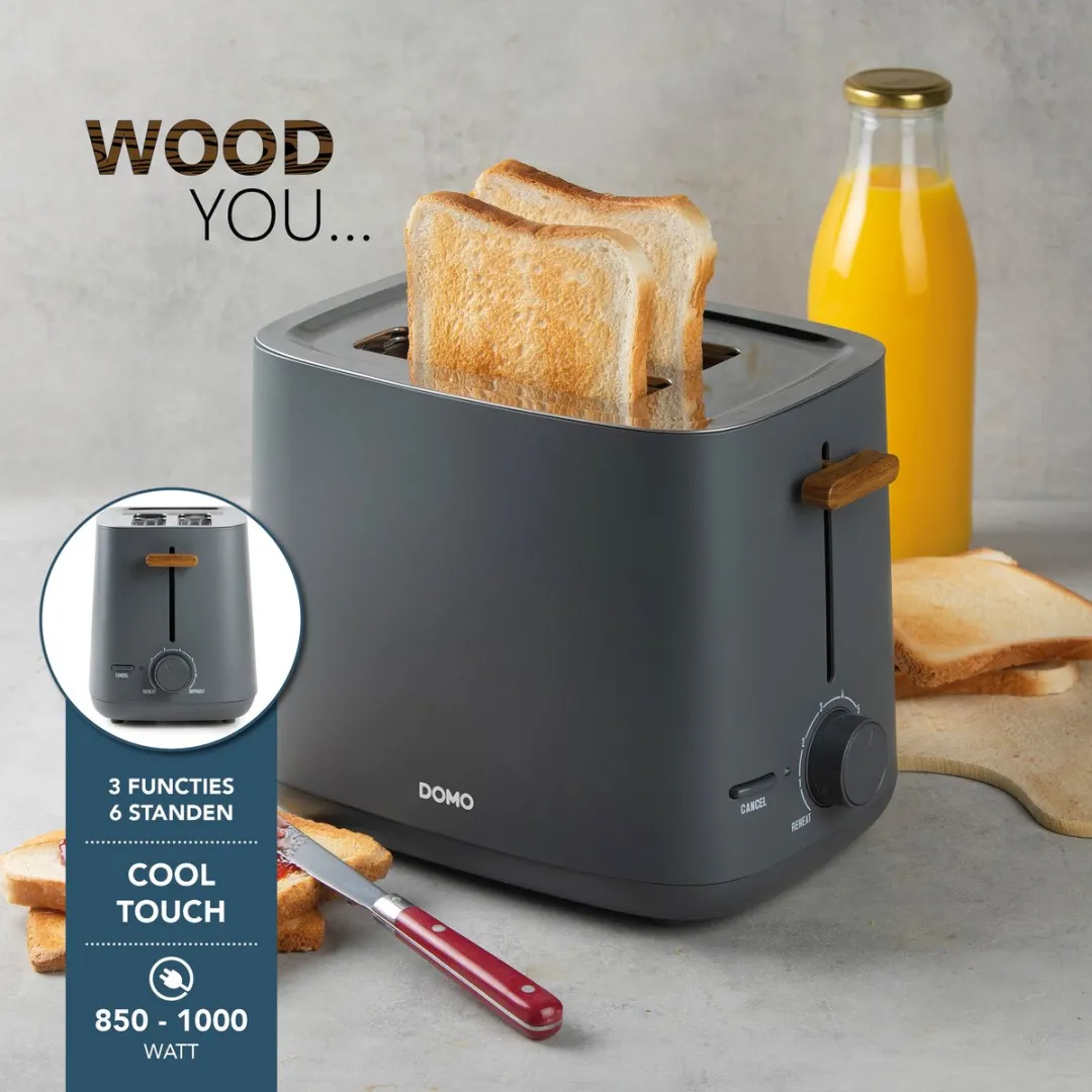 Domo DO965T Broodrooster Wood You - 2 Toasts 1000W - Matgrijs