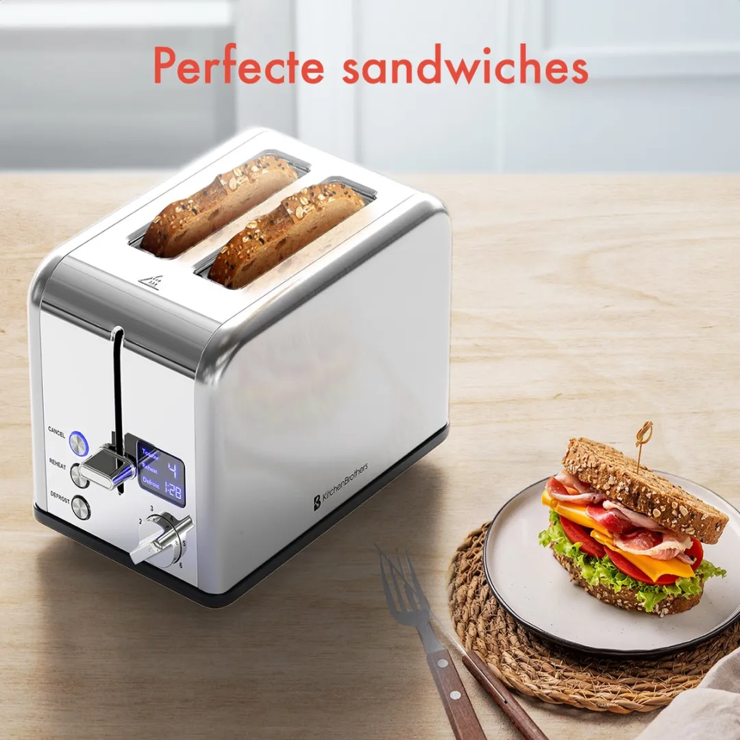 KitchenBrothers KB4004 Broodrooster 815W - 2 Extra Brede Sleuven - Zilver
