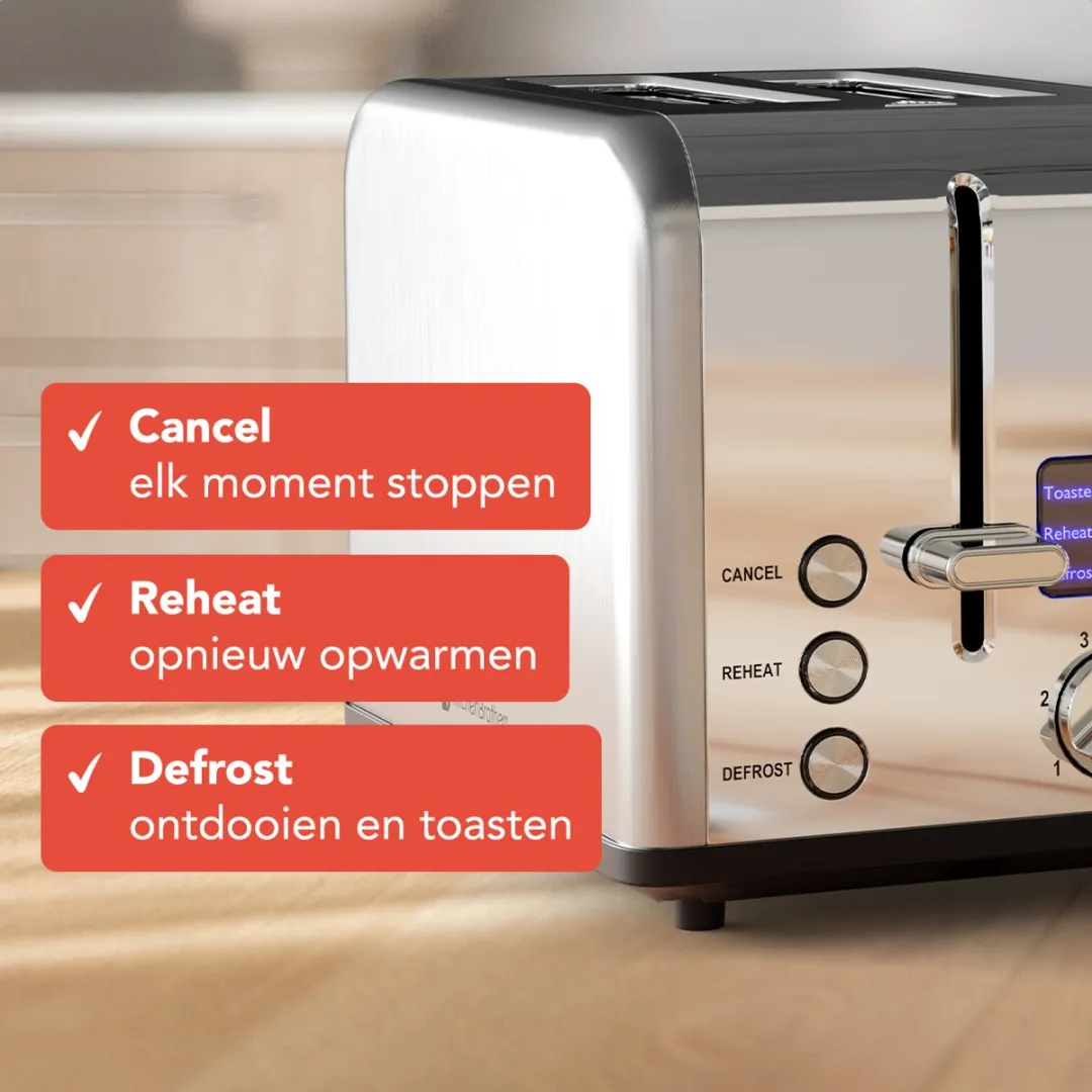 KitchenBrothers KB4004 Broodrooster 815W - 2 Extra Brede Sleuven - Zilver