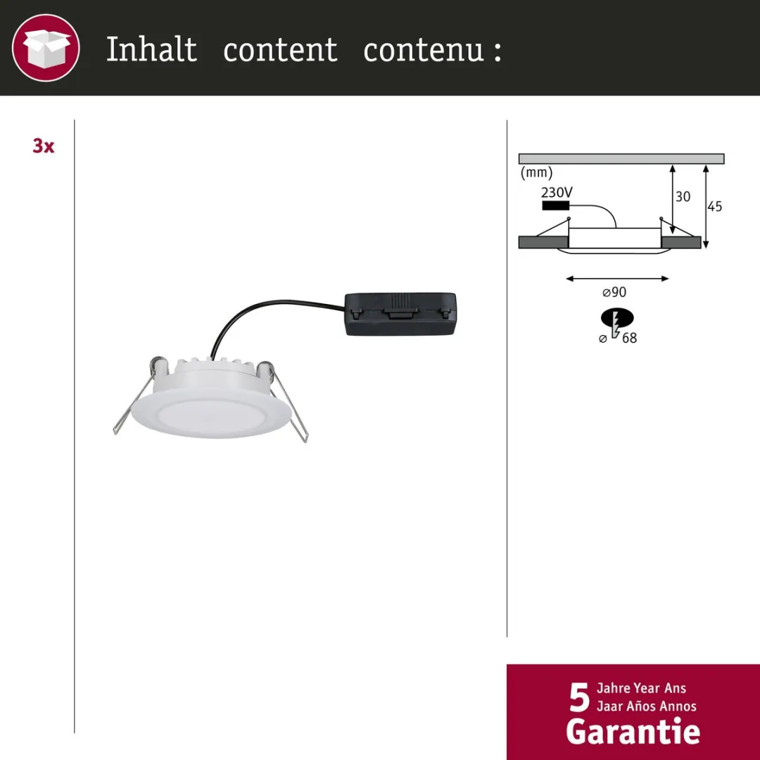 Paulmann Suon Basisset LED-inbouwlamp IP44 3x5W 450lm 2700K - Satijn Wit - afbeelding 6 van 6