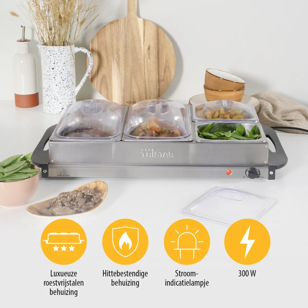 Tristar BP-6285 Buffetwarmer 300W - 4 Compartimenten RVS