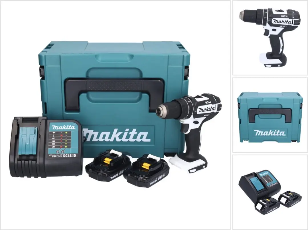 Makita DHP 482 SYJW accu-slagboormachine 18 V 62 Nm wit + 2x accu 1,5 Ah + oplad