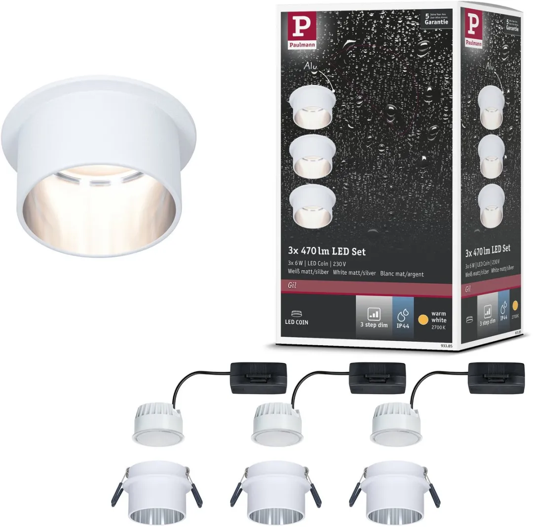 Paulmann LED-inbouwlamp Coin Basisset 3x6W 470lm 2700K - IP44 - Wit mat