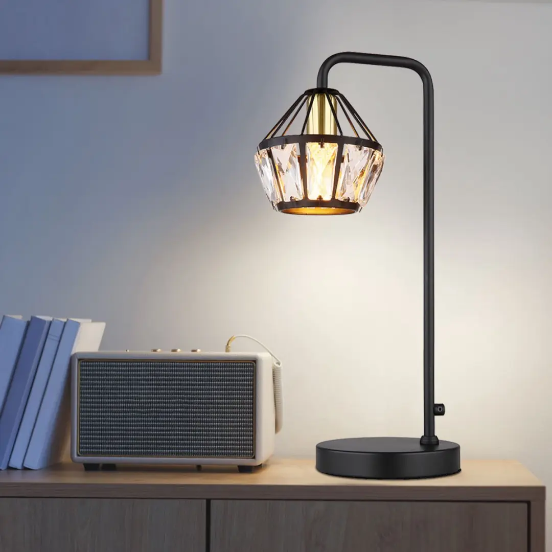 Tafellamp leeslamp tafellamp glazen kristallen slaapkamer, metaal zwart, 1x E14