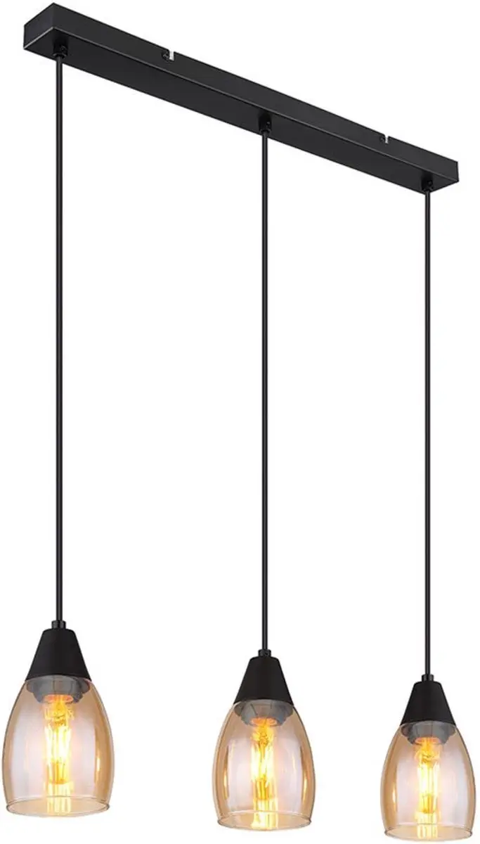 Hanglamp Hanglamp glas eettafel lamp zwart 3 vlammen, amber metaal, 3x E27 stopc