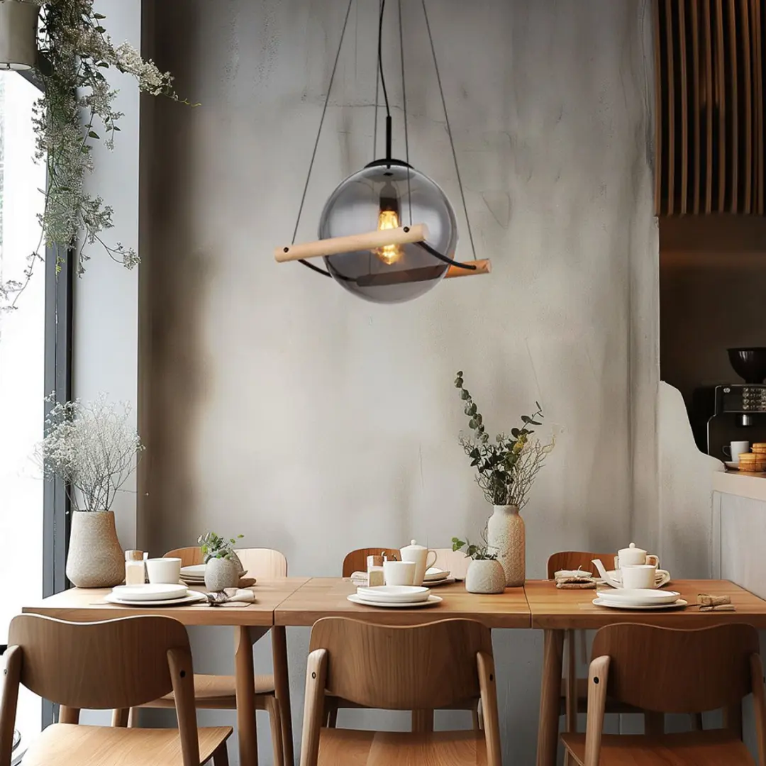 Hanglamp hanglamp eettafel lamp in hoogte verstelbaar rookglas metaal zwart hout