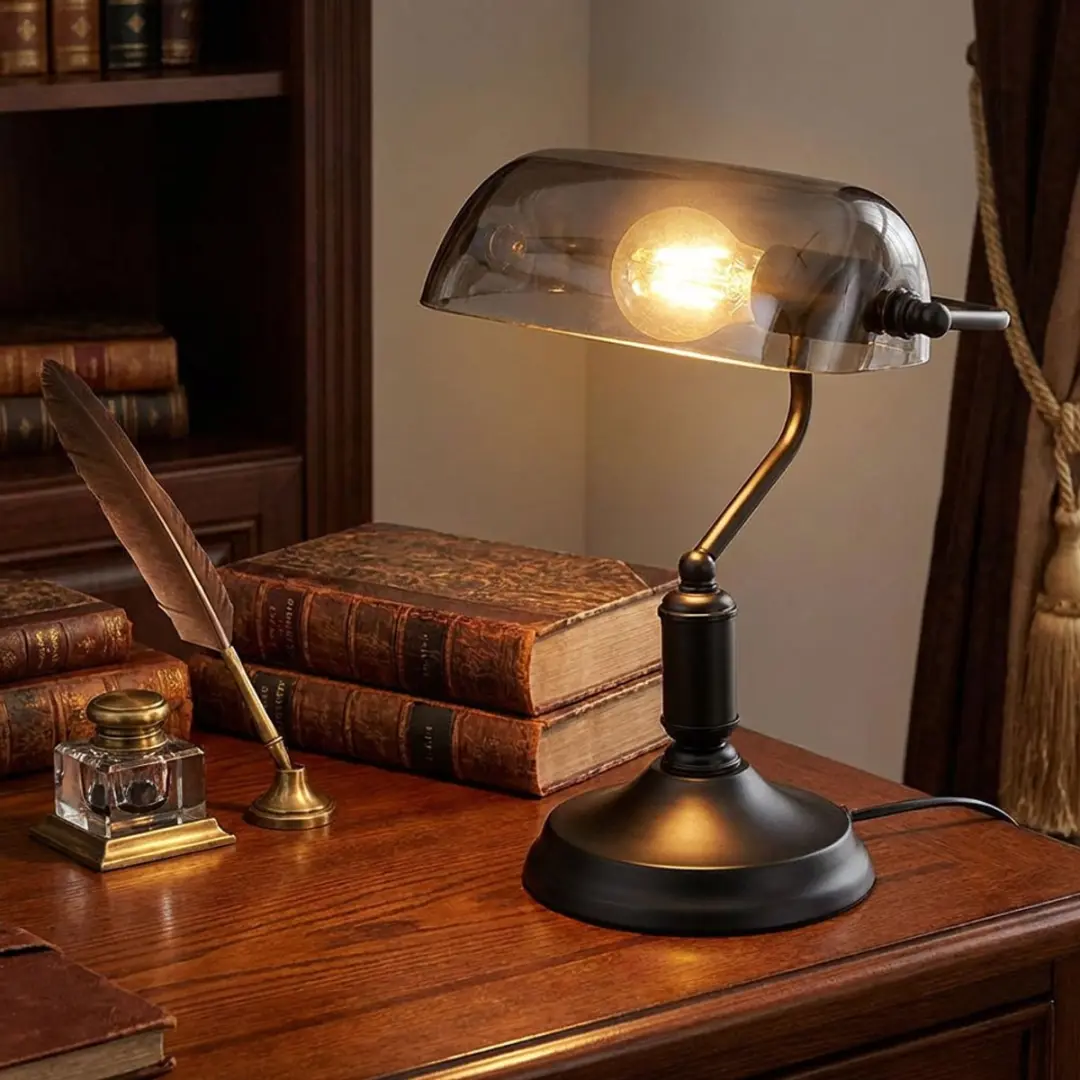 Bureaulamp Bankerlamp Tafellamp zwart rookglas Leeslamp , 1x E27, LxH 25x32 cm