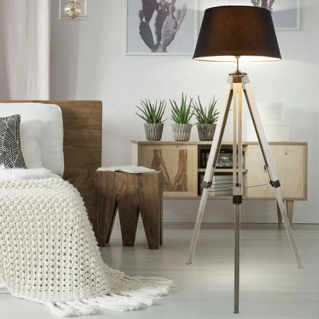 Vloerlamp woonkamer grijs vloerlamp metalen vloerlamp driepoot hout, textielen k