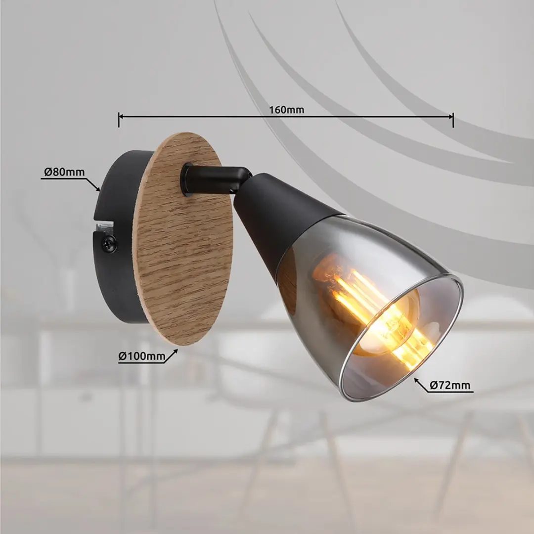 Wandlamp woonkamerlamp wandlamp hallamp eetkamerlamp, glas hout metaal rookkleur