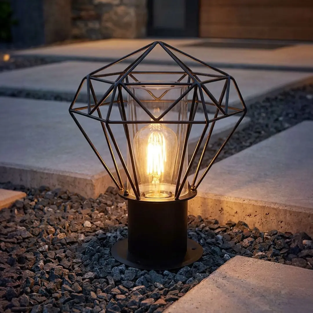 Staande buitenlamp tuin zwart roestvrij staal, industrieel design raster kap, 1x