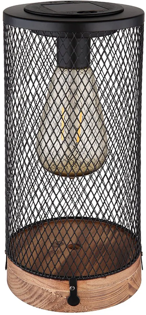 Solar lamp tafellamp outdoor LED tuindecoratie hout, metalen rooster zwart, 3000