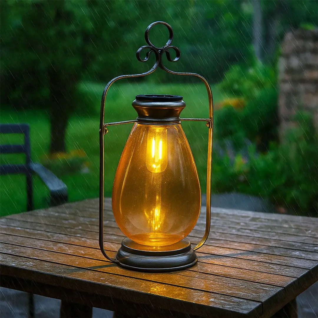 LED solar lantaarn buitenlamp tuindecoratie balkonlamp, metaal glas amber zilver