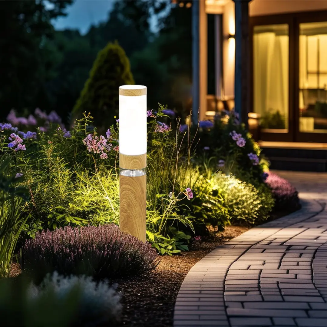 Voetstuklamp buiten rond voetstuklamp buiten roestvrij staal patio, houtlook met