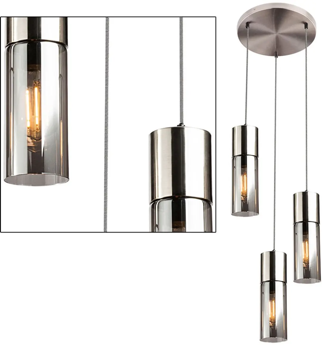 Hanglamp rookglas 3 vlam hanglamp nikkelkleurig eetkamerlamp glas, metaal, 3x E2