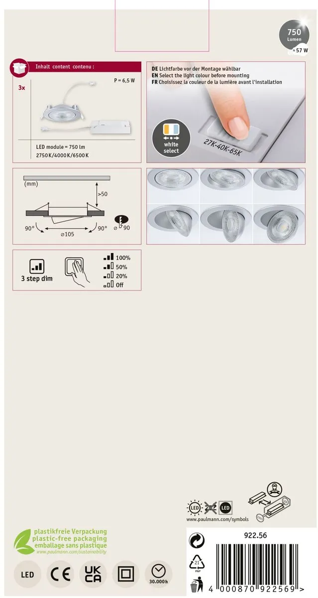 Paulmann White Select Aumus LED-inbouwlamp Set 3x700lm 105mm - Chroom mat