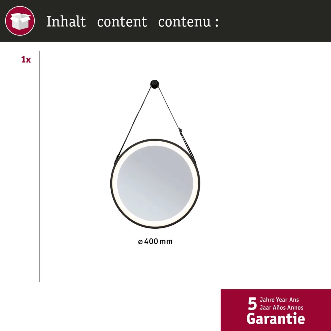 Paulmann LED-verlichte Spiegel Miro IP44 Tunable White 40cm - Zwart mat