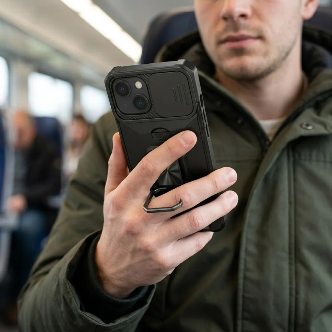 NUVEX iPhone 15 Hoesje - Zwart - Schokbestendig met metalen standaard