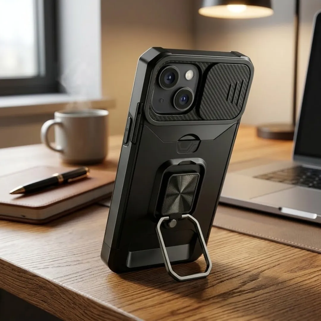 NUVEX iPhone 15 Hoesje - Zwart - Schokbestendig met metalen standaard
